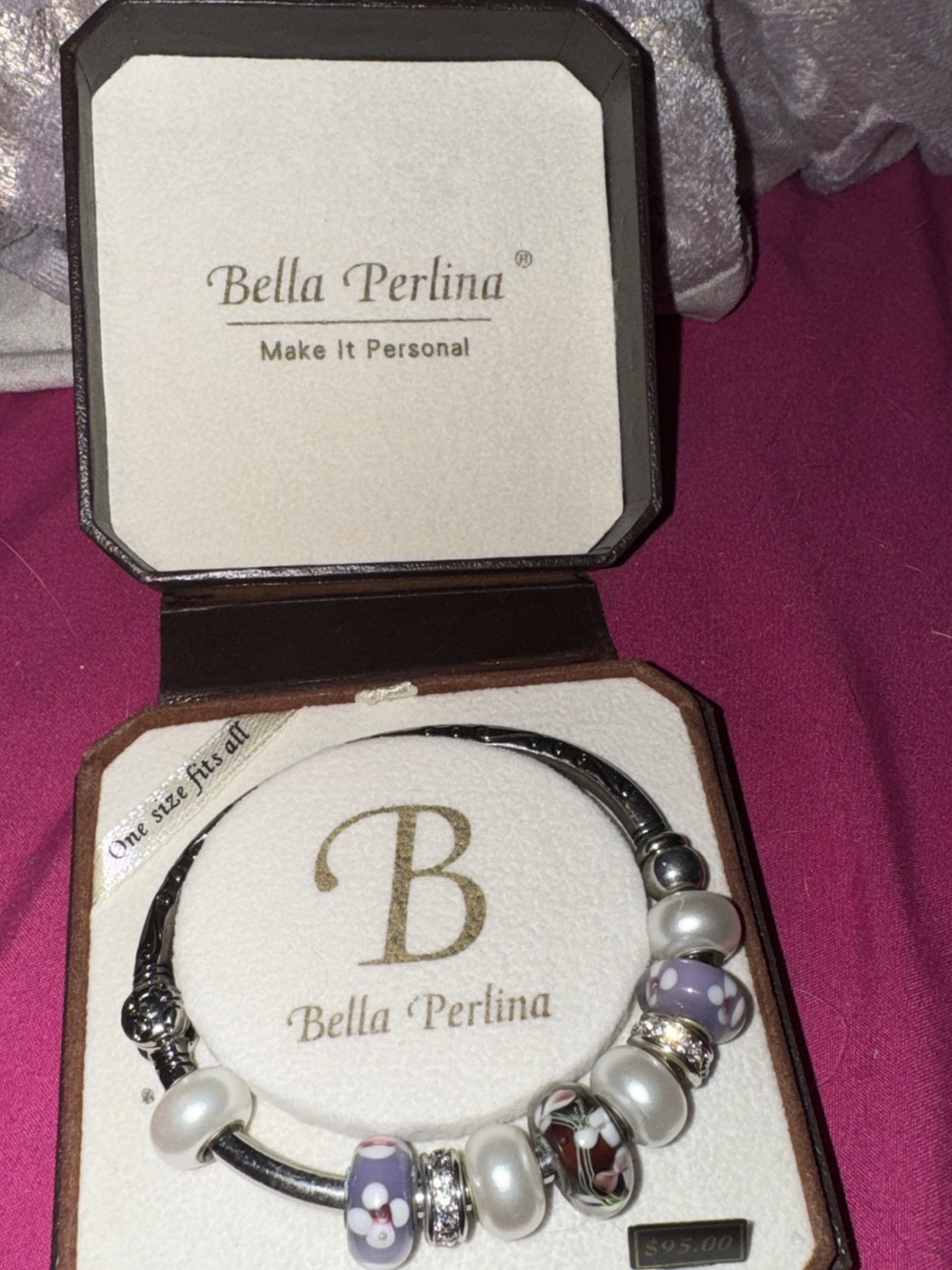bella Perlina Purple Floral Glass & Pearl Charm Bracelet